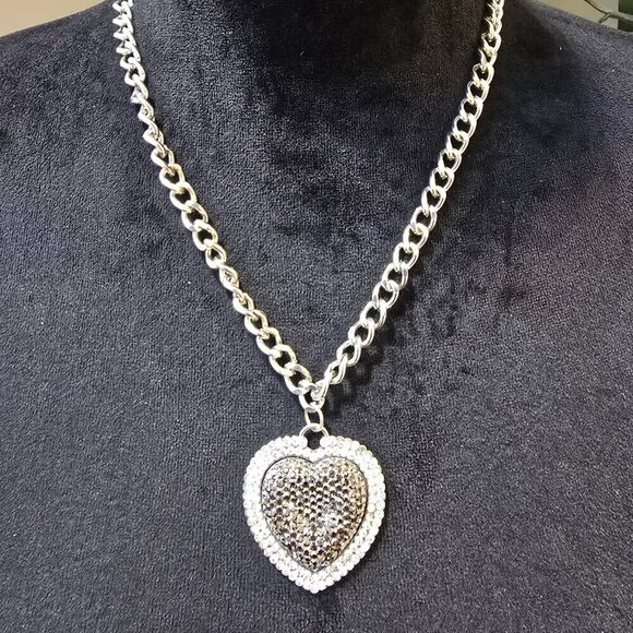Vintage Silver 111 Single Cut Diamond Heart Pendant with Heavy Chain - Picture 1 of 7